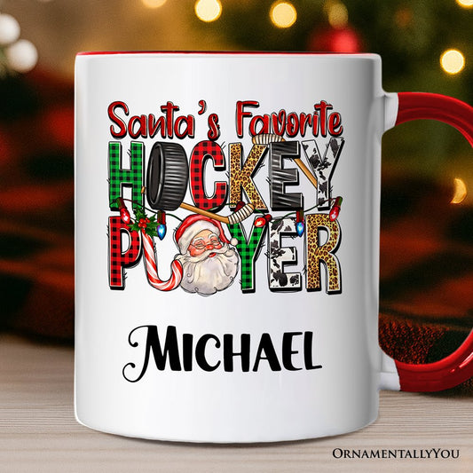Santa’s Favorite Hockey Player Personalized Mug, Plaid Christmas Athelete Gift with Custom Name