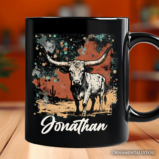 Western Longhorn Bull Personalized Mug, Cowboy Rodeo Gift with Custom Name