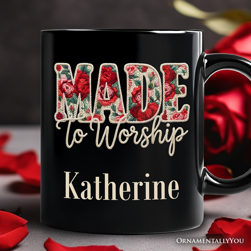 Made to Worship Printed Faux Yarn Crochet Christian Personalized Mug, Floral Retro Faith Gift with Custom Name