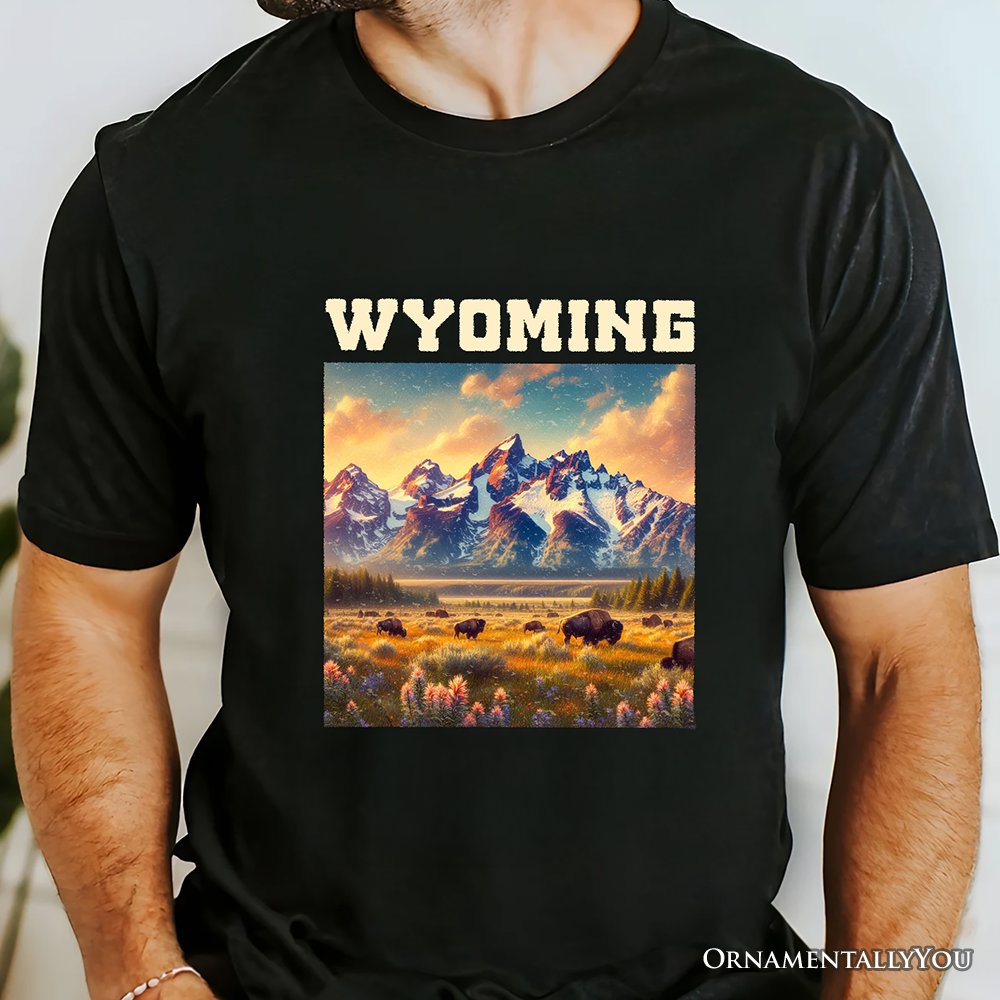 Majestic Wyoming State Prairie T-Shirt, Grand Teton Bison Tee and Western Landscape Souvenir