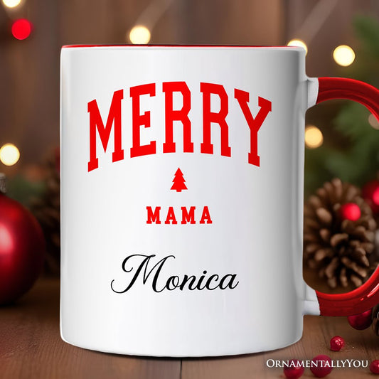 Merry Mama Retro Christmas Personalized Mug, Matching Family Holiday Gift with Custom Name