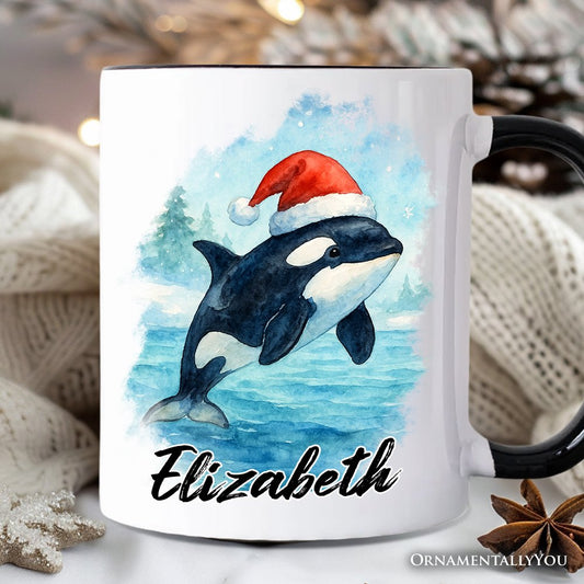 Watercolor Orca in Santa Hat Christmas Personalized Mug, Marine Animal Holiday Gift with Custom Name