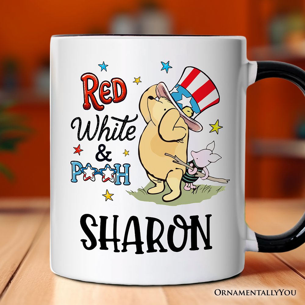 Patriotic Red White & Proud Winnie-the-Pooh Personalized Mug, 1926 A.A. Milne 4th of July Gift with Custom Name