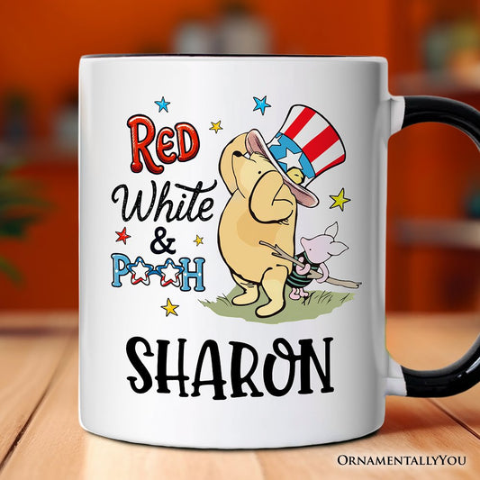 Patriotic Red White & Proud Winnie-the-Pooh Personalized Mug, 1926 A.A. Milne 4th of July Gift with Custom Name