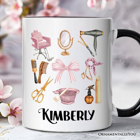 Hairstylist Coquette Aesthetic Personalized Mug, Pink Hair Dresser Gift with Custom Name