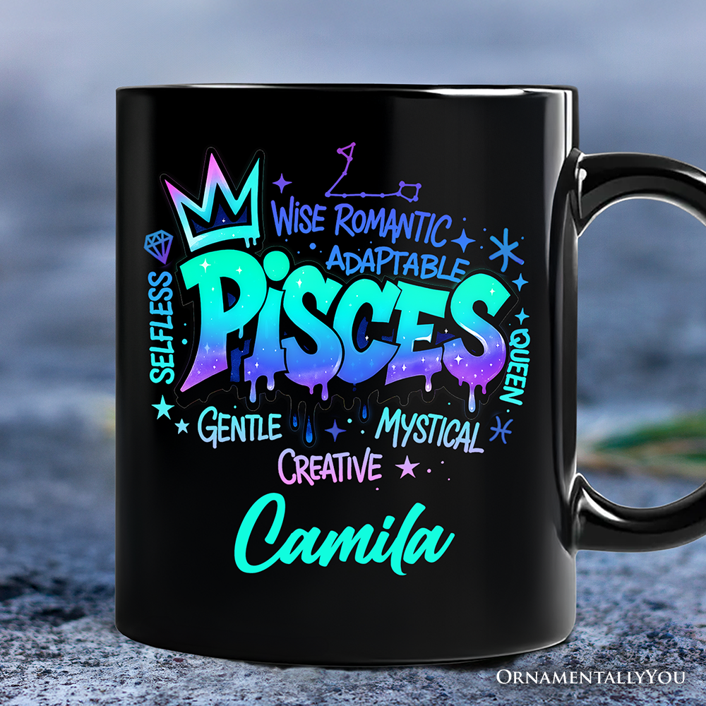 Pisces Graffiti Zodiac Personalized Mug, Street Style Astrology Horoscope Gift with Custom Name