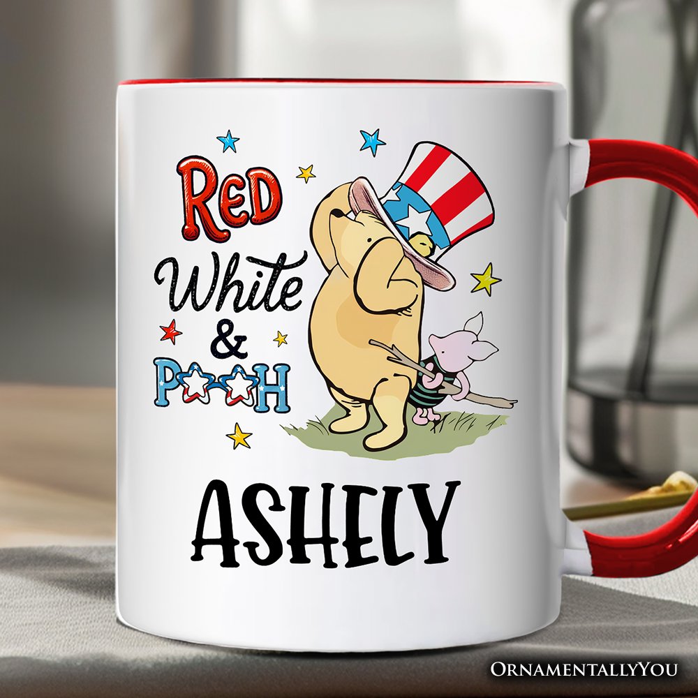 Red White & Proud Personalized Mug, Patriotic 4th of July Celebration Pooh Bear Gift with Custom Name