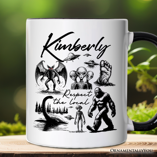 Respect The Local Cryptid Squad Personalized Mug, Funny Bigfoot Alien Mothman Meme Gift with Custom Name