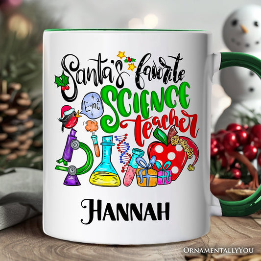 Santa’s Favorite Science Teacher Christmas Personalized Mug, Chemistry, Physics and Biology Gift with Custom Name