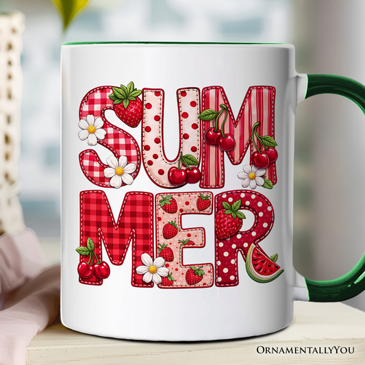 Strawberry Cherry Printed Faux Patchwork Mug, Summer Fruit Picnic Gift