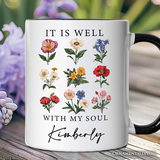 It Is Well With My Soul Christian Floral Personalized Mug, Vintage Bible Verse Gift with Custom Name