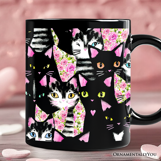 Floral Black And Pink Cats Pattern Cute Mug, Kitten Collage Gift for Cat Lovers