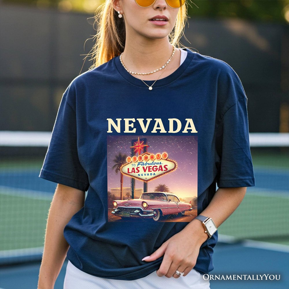 Vintage Nevada State Las Vegas Sign Ornament, Retro Pink Cadillac Tee and Desert City Souvenir