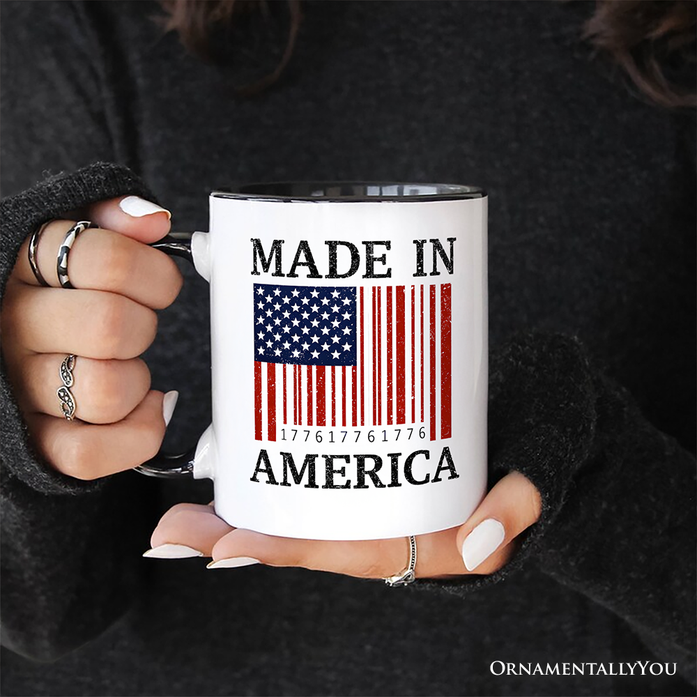 Made In America Bar Code Flag Personalized Mug, Patriotic 1776 USA 250th Anniversary Gift with Custom Name