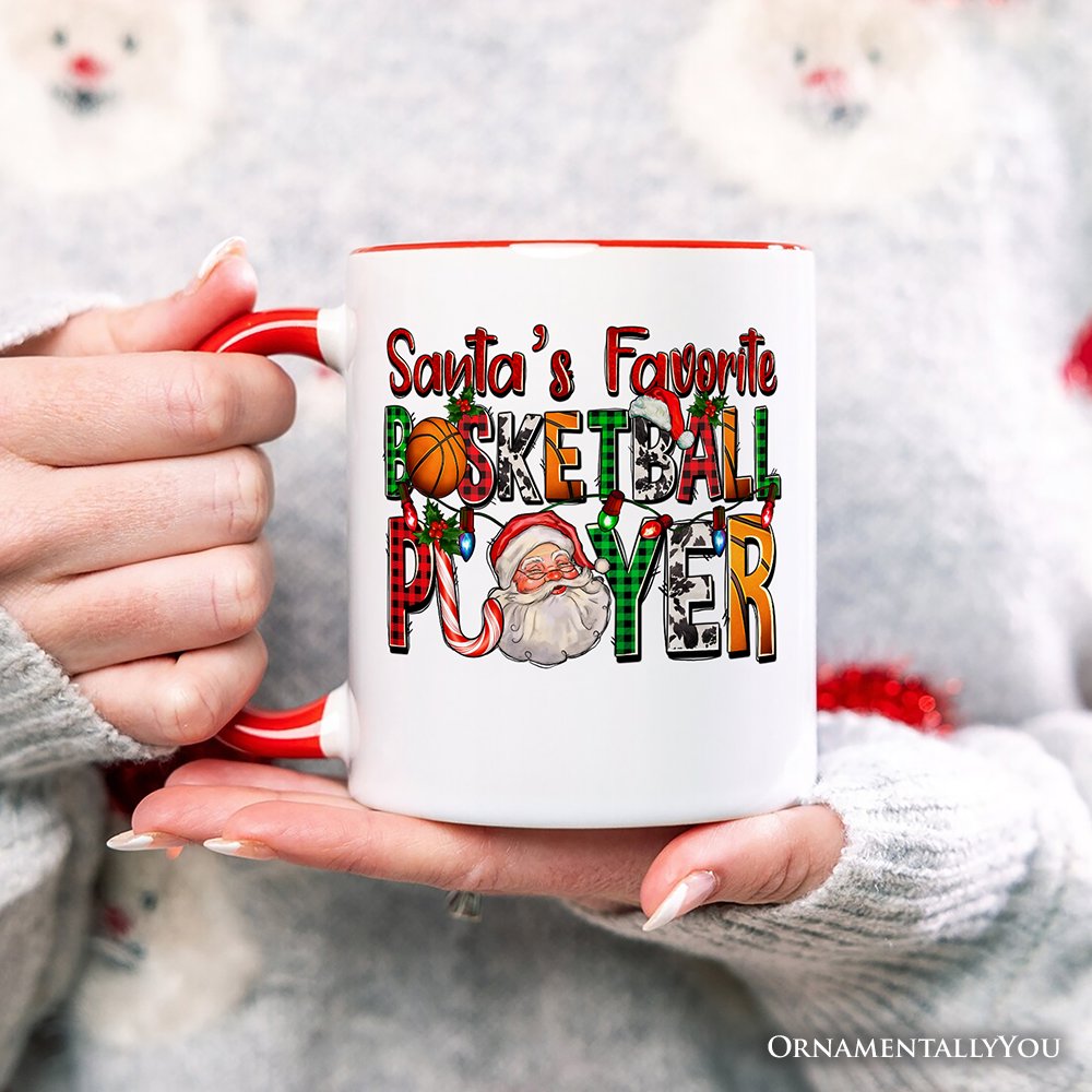 Santa’s Favorite Basketball Player Personalized Mug, Plaid Christmas Athelete Gift with Custom Name