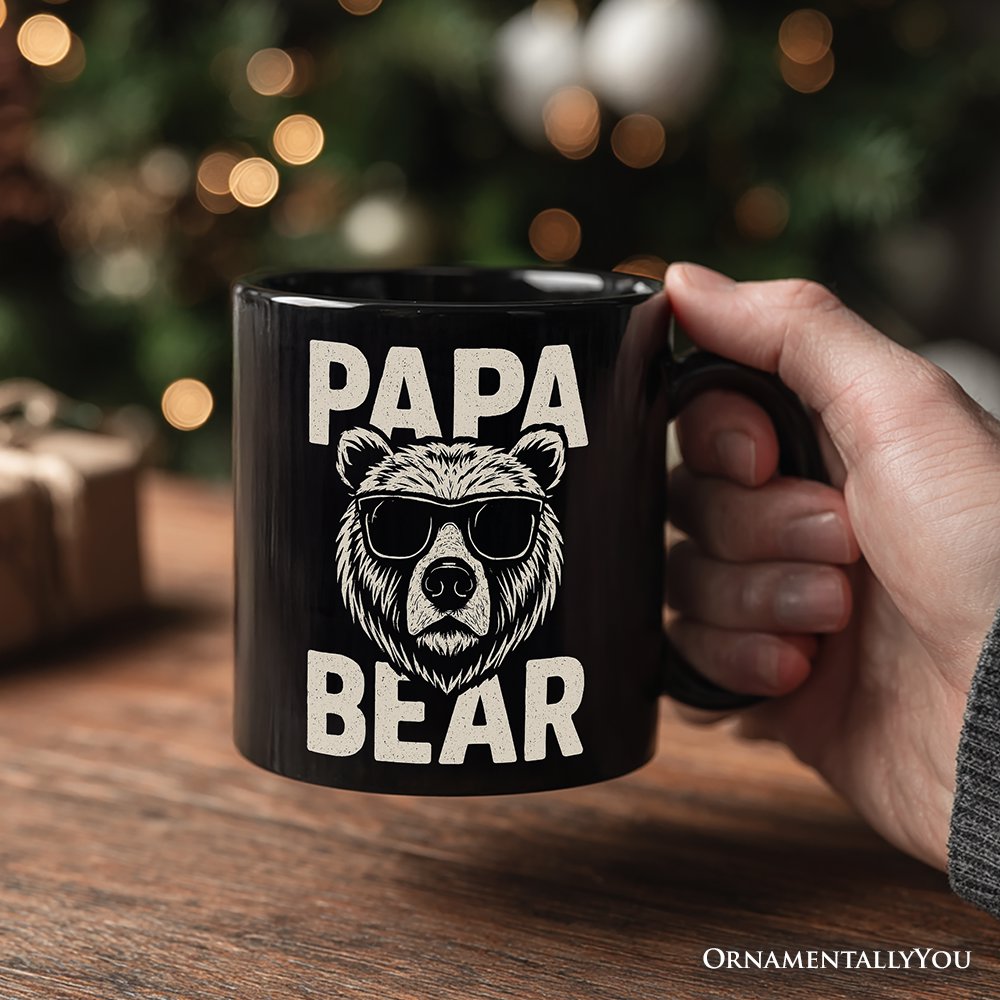 Papa Bear Sunglasses Personalized Mug, Black Vintage Gift with Custom Name for Cool Dads