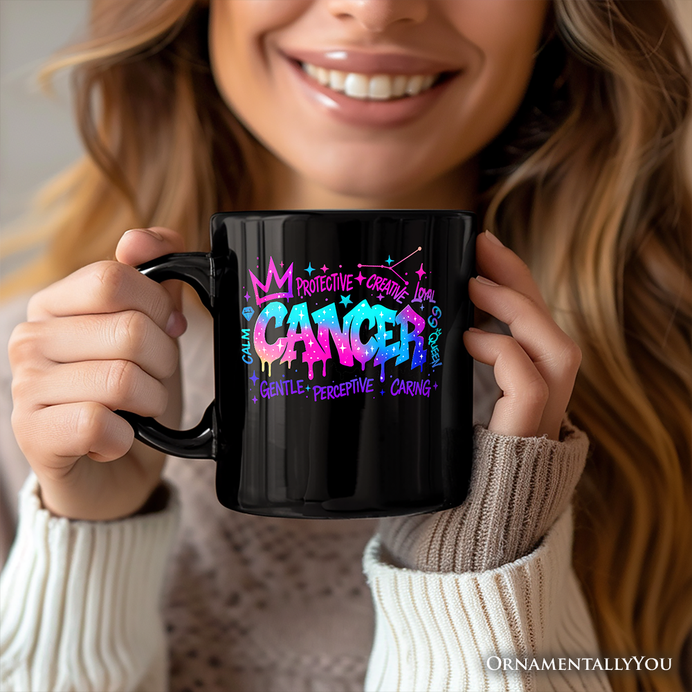 Cancer Graffiti Zodiac Personalized Mug, Street Style Astrology Horoscope Gift with Custom Name