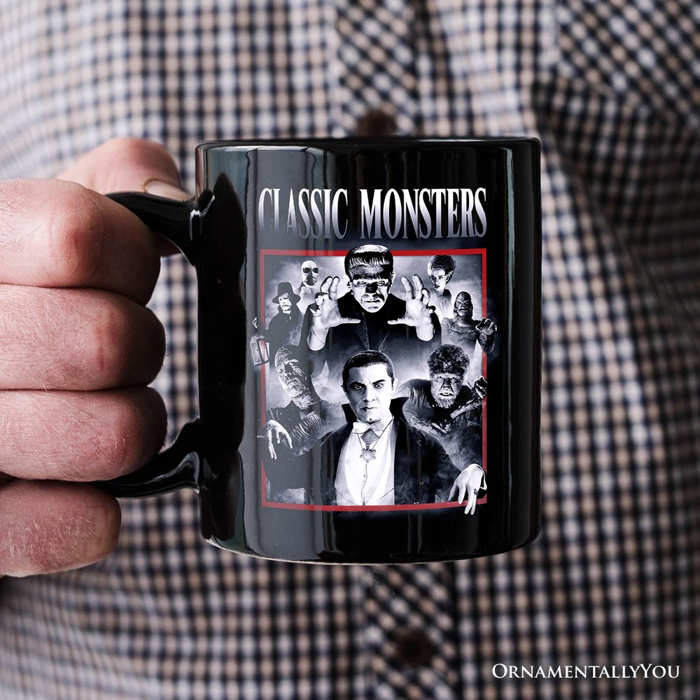 Classic Monsters Black and White Personalized Mug, Retro Vintage Horror Gift with Custom Name