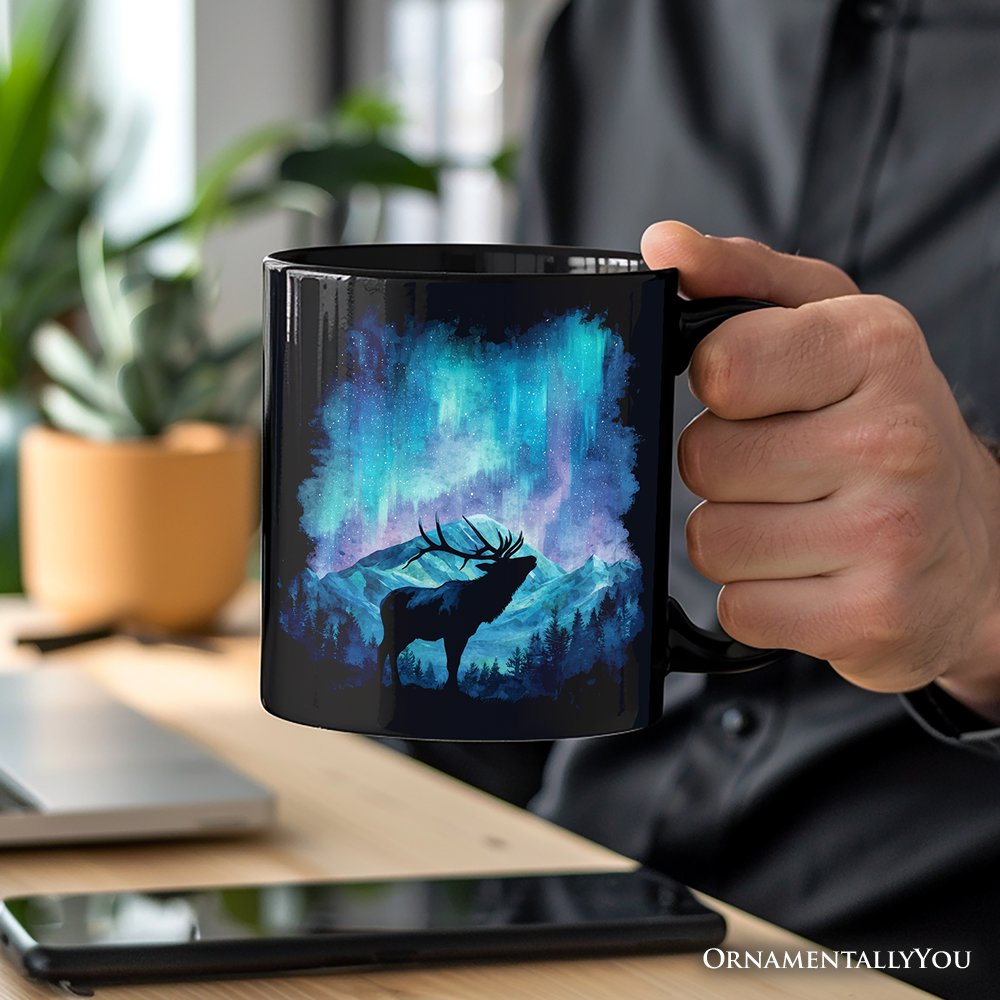 Majestic Aurora Elk Personalized Mug, Northern Lights Wilderness Stag Gift with Custom Name