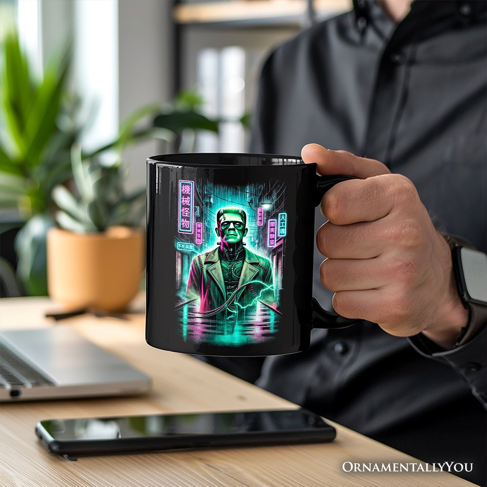Cyberpunk Frankenstein Personalized Mug, Neon Halloween Monster Gift with Custom Name