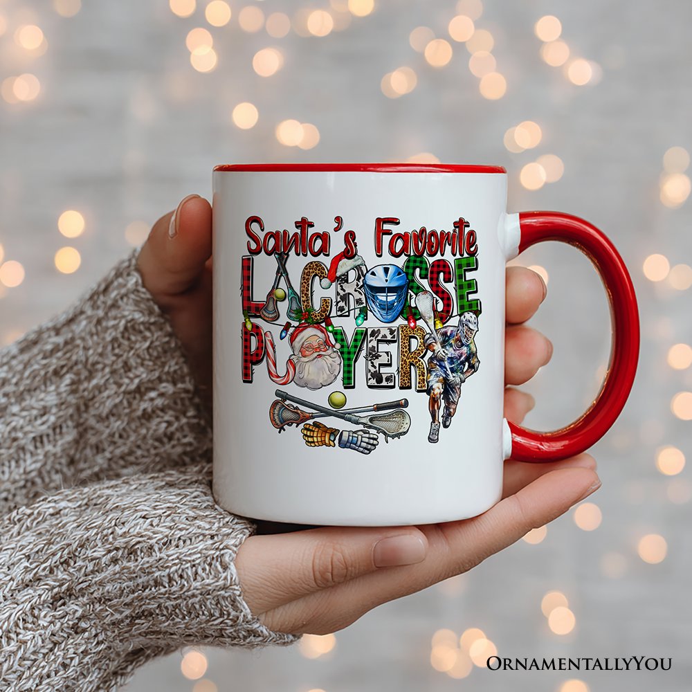 Santa’s Favorite Lacrosse Player Personalized Mug, Plaid Christmas Athlete Gift with Custom Name