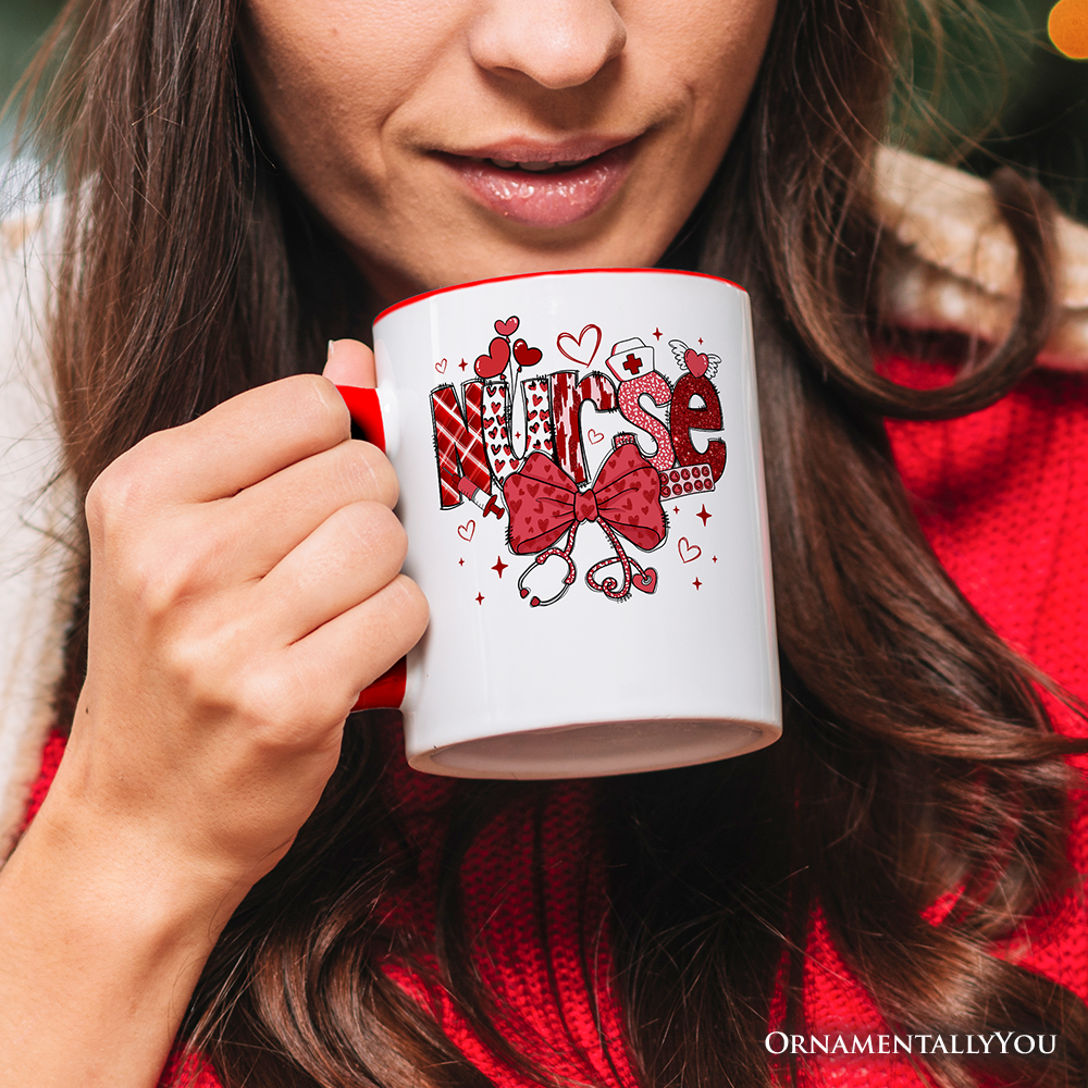 Valentine Nurse Coquette Bow Personalized Mug, Cupid Favorite Nurse Gift with Custom Name