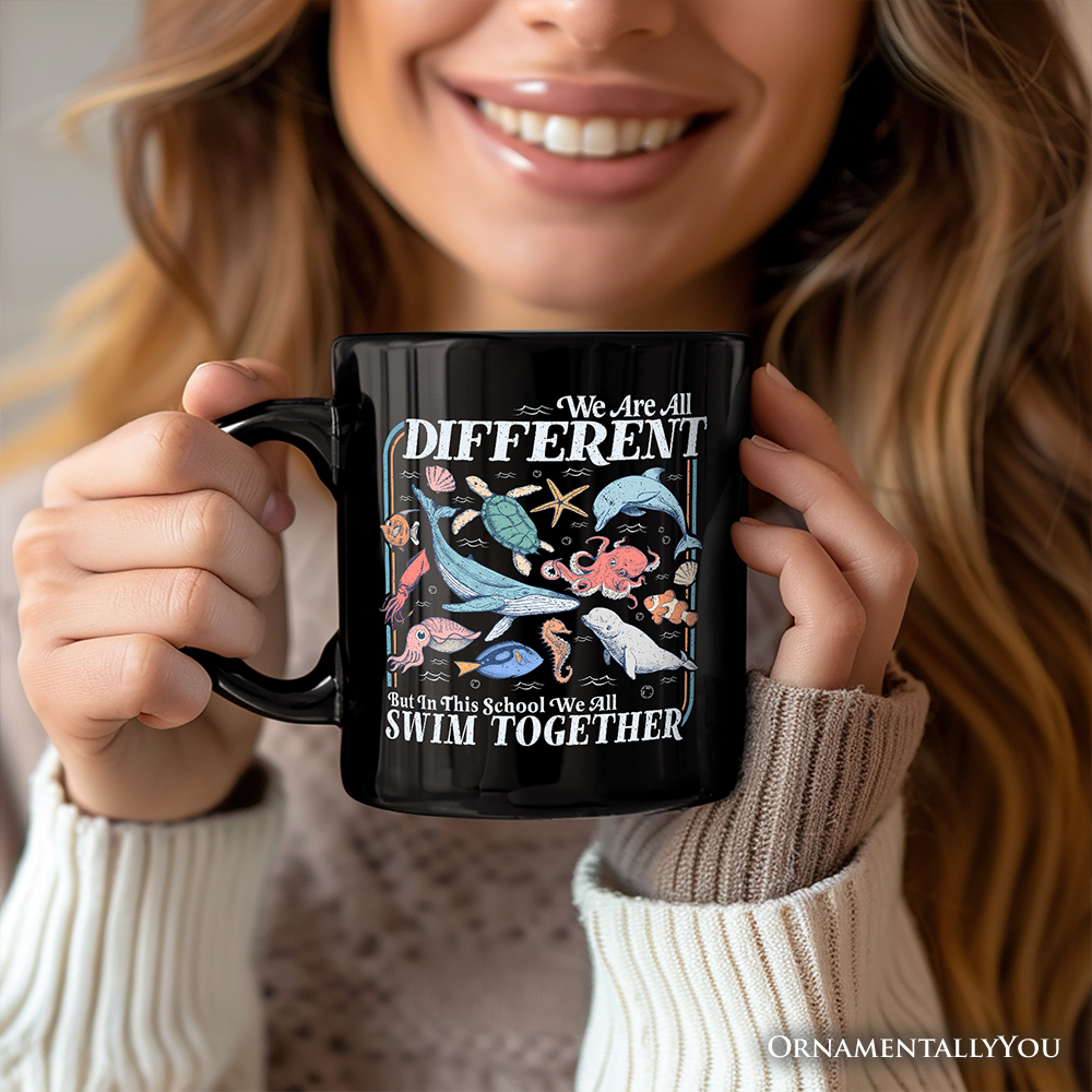 Ocean Animal Teacher Personalized Mug, We Are All Different But In This School We All Swim Classroom Gift with Custom Name