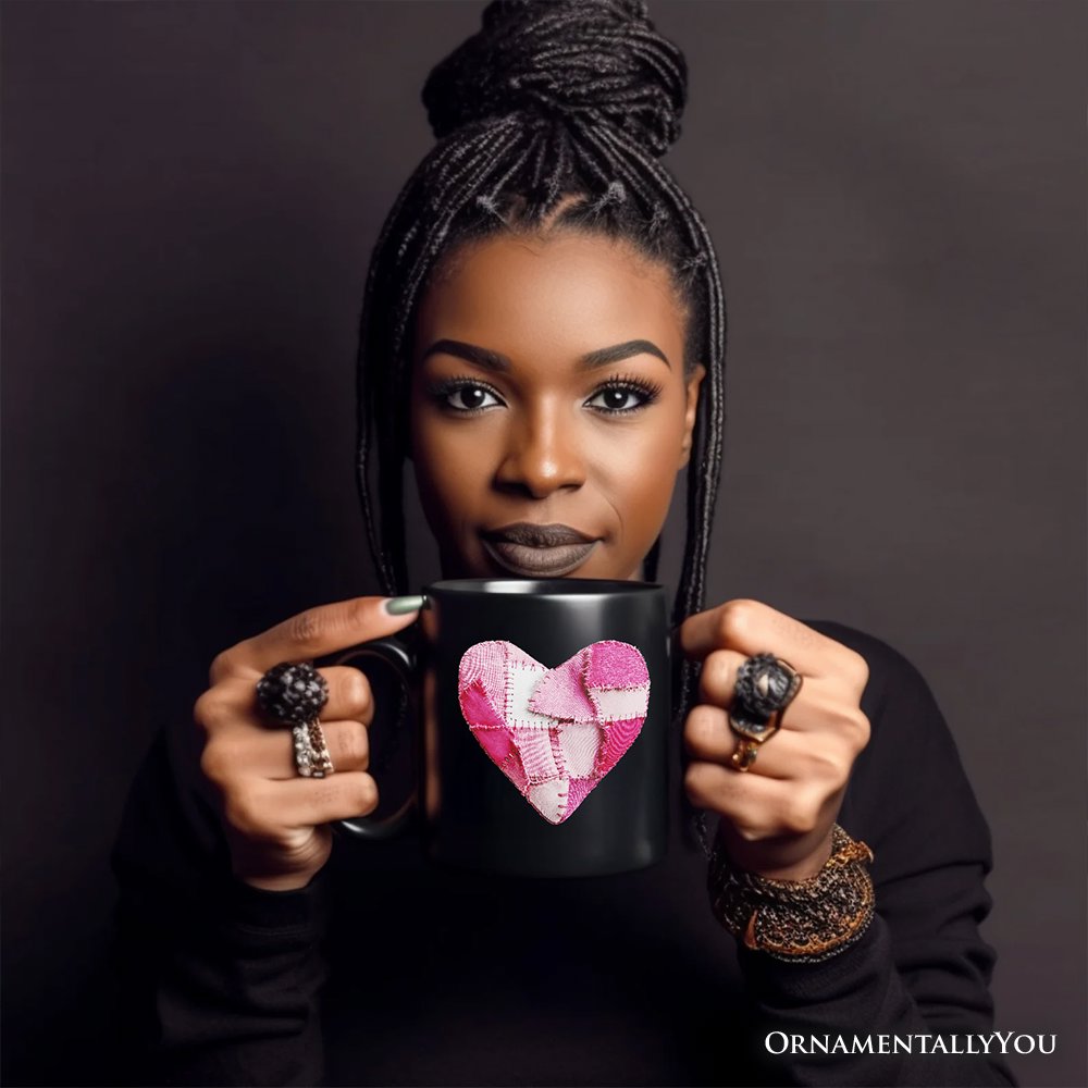 Patchwork Pink Heart Valentine Personalized Mug, Love Retro Coquette Gift with Custom Name