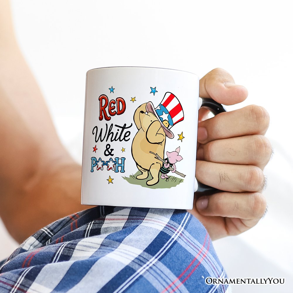 Patriotic Red White & Proud Winnie-the-Pooh Personalized Mug, 1926 A.A. Milne 4th of July Gift with Custom Name