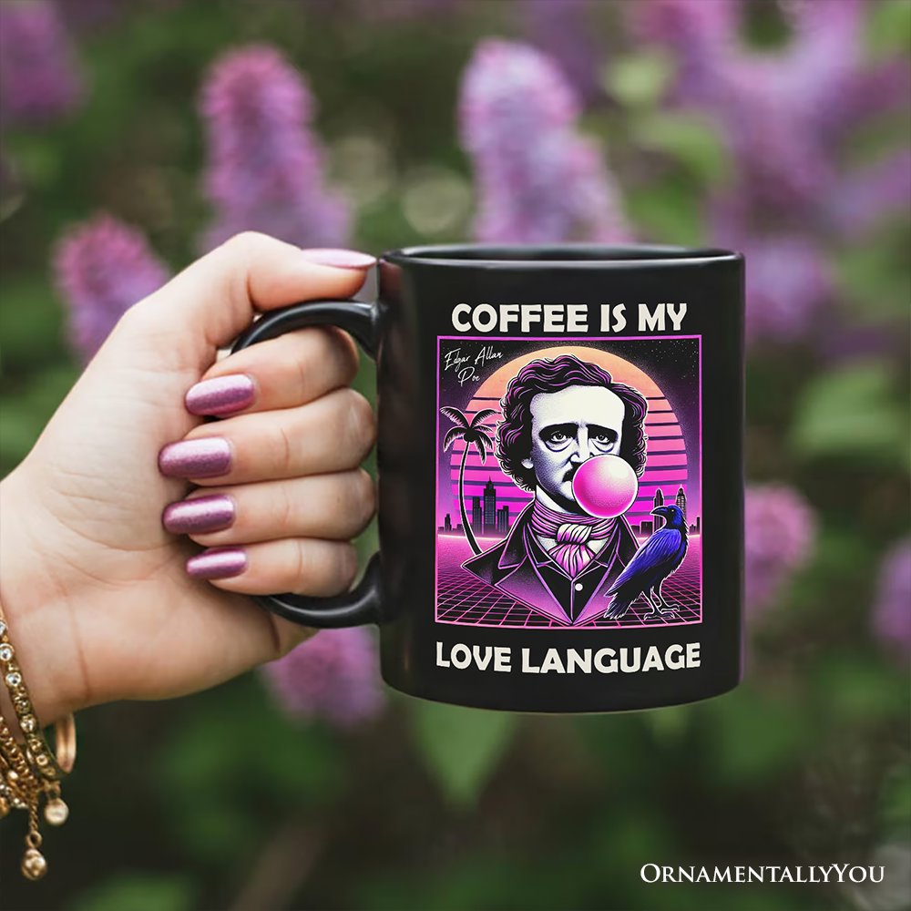 Synthwave 80's Styled Edgar Allan Poe Horror Personalized Mug, Vaperwave Classic Retro Neon Halloween Gift with Custom Name