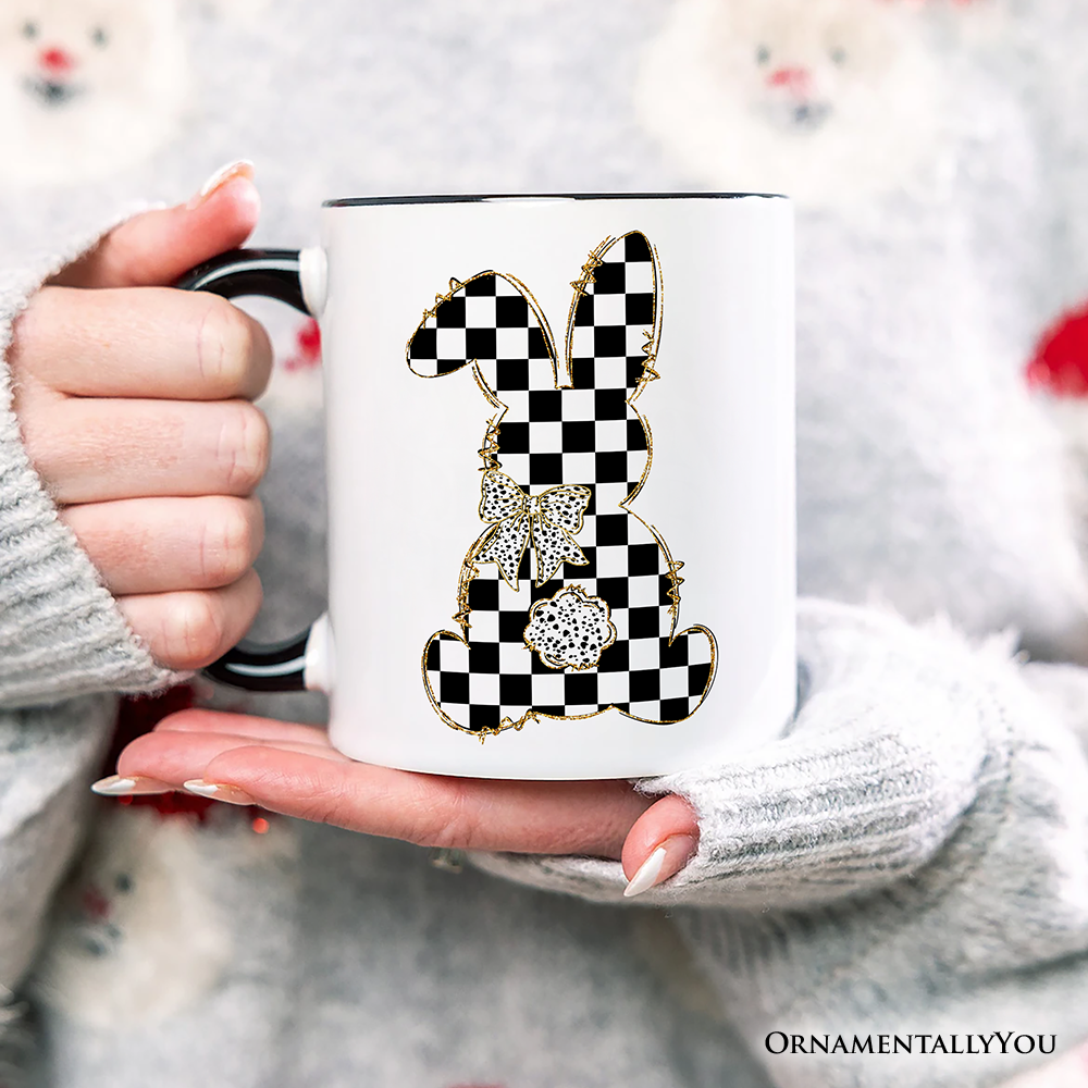 Checkered Easter Bunny Coquette Personalized Mug, Stylish Spring Gift with Custom Name