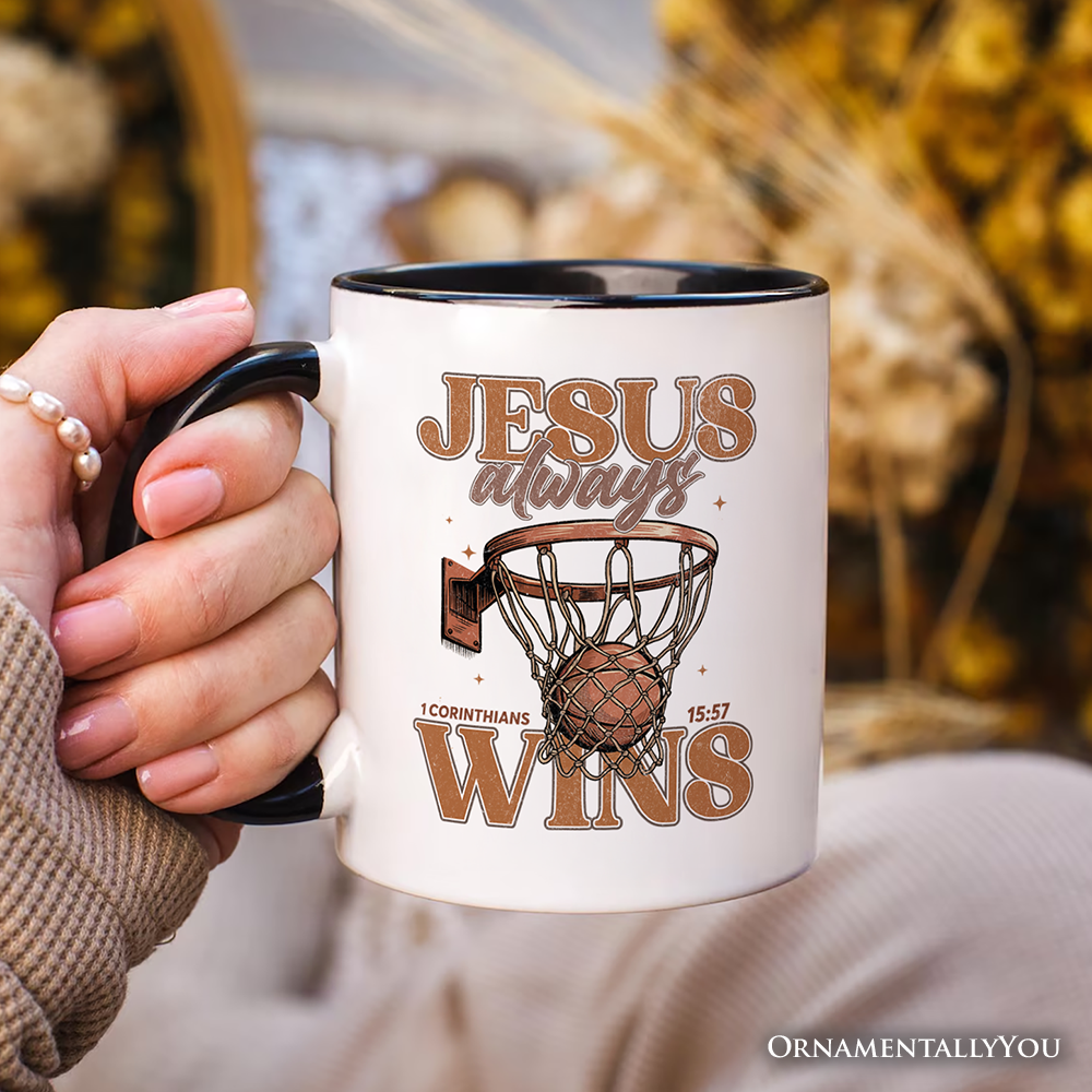 Jesus Always Wins Christian Basketball Personalized Mug, Retro Motivational Bible Verse Gift with Custom Name