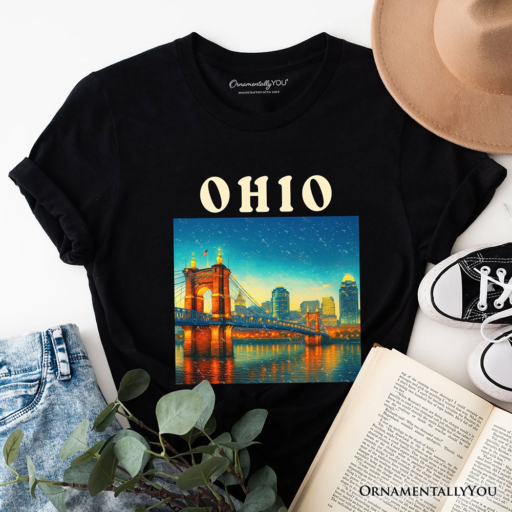 Charming Ohio State Cityscape and Landmark T-Shirt, Cincinnati Night Bridge Tee and Midwest Skyline Souvenir