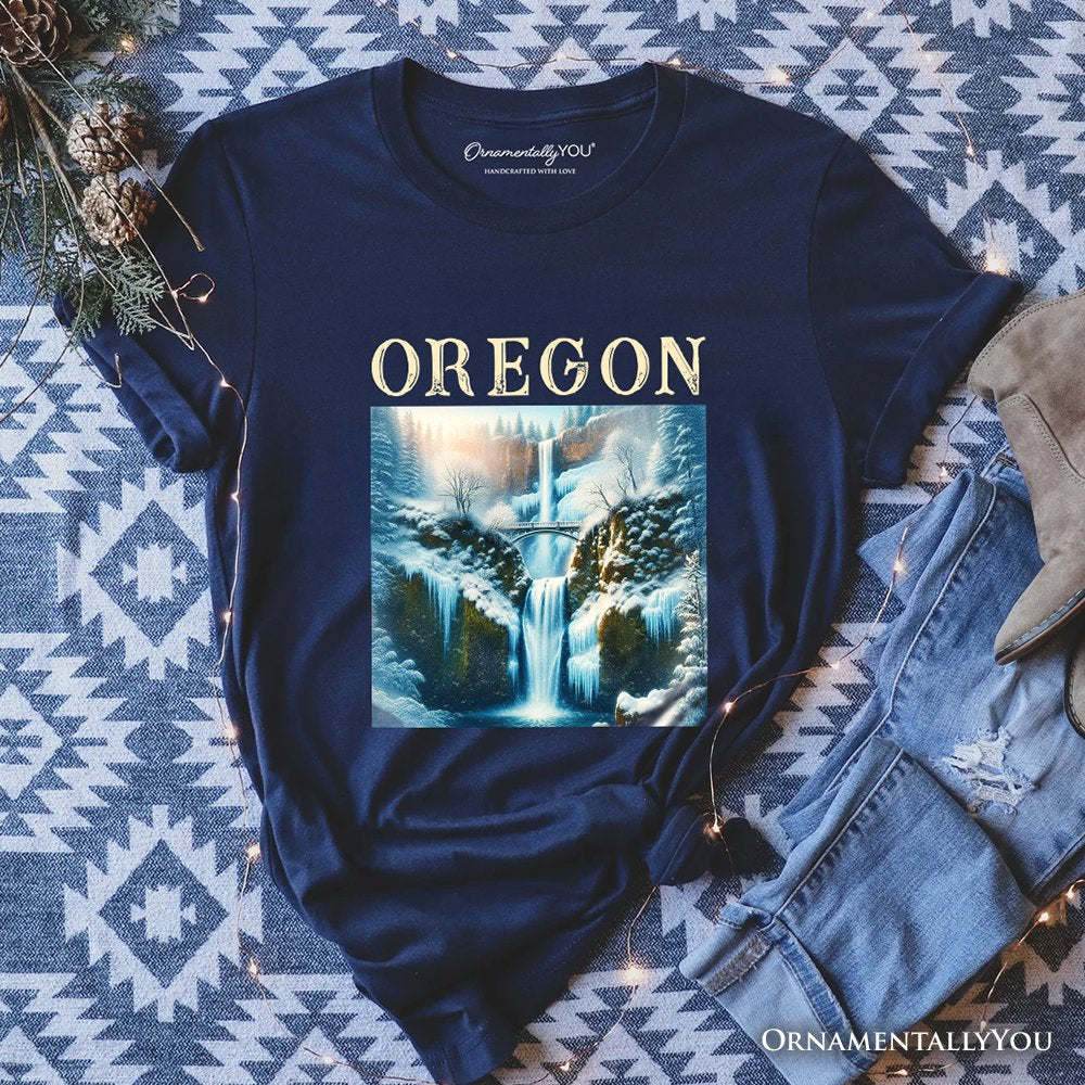 Enchanting Oregon State Multnomah Falls Winter T-Shirt, Pacific Northwest Waterfall Tee and Souvenir