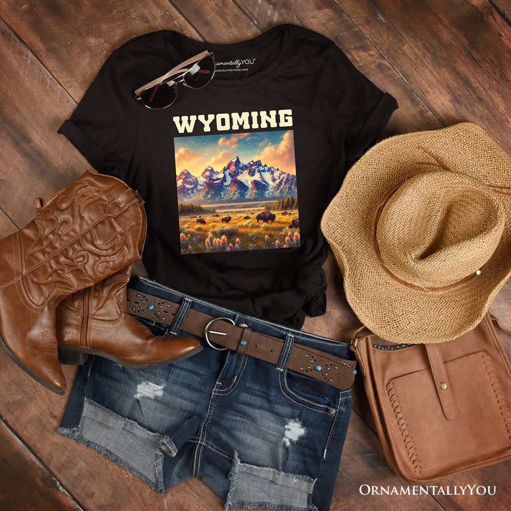 Majestic Wyoming State Prairie T-Shirt, Grand Teton Bison Tee and Western Landscape Souvenir