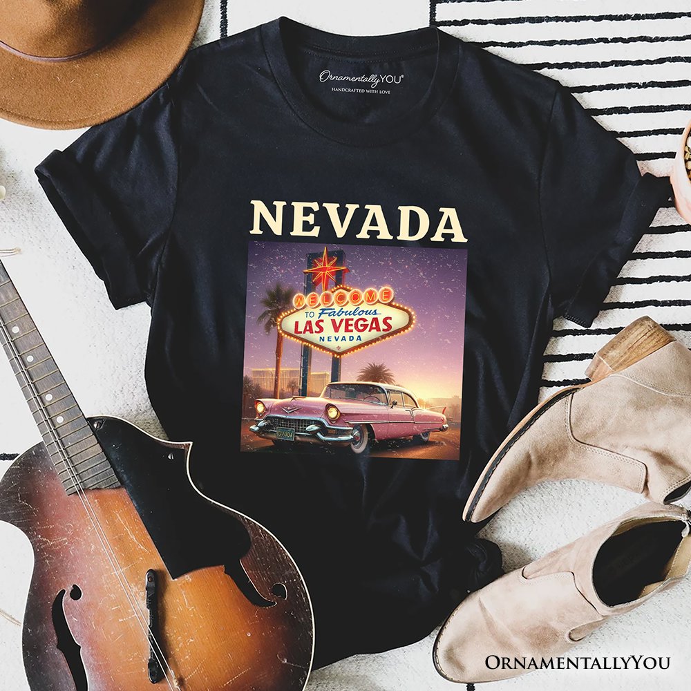 Vintage Nevada State Las Vegas Sign Ornament, Retro Pink Cadillac Tee and Desert City Souvenir