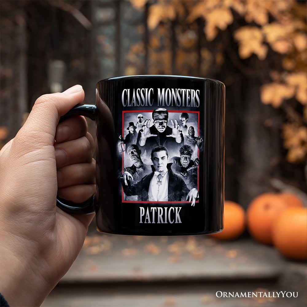 Classic Monsters Black and White Personalized Mug, Retro Vintage Horror Gift with Custom Name
