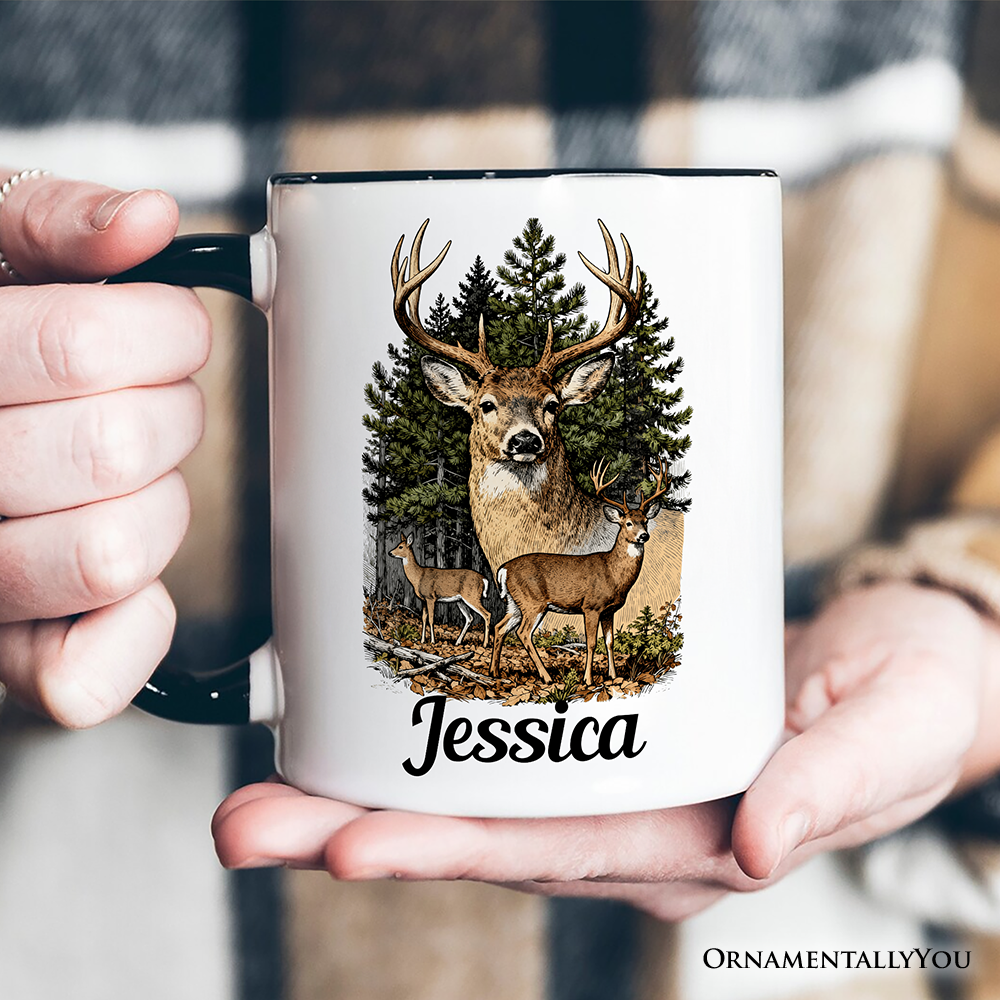 Forest Deers Vintage Grunge Personalized Mug, Retro Hunter Gift with Custom Name