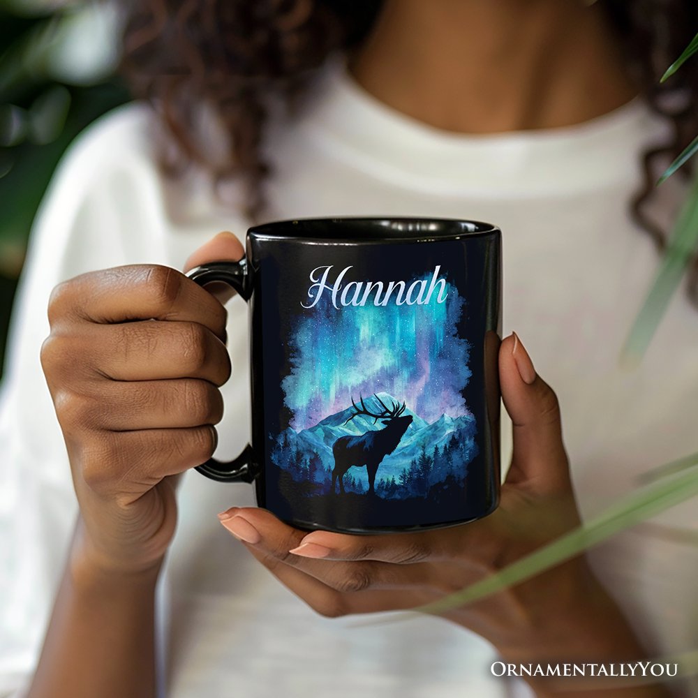 Majestic Aurora Elk Personalized Mug, Northern Lights Wilderness Stag Gift with Custom Name
