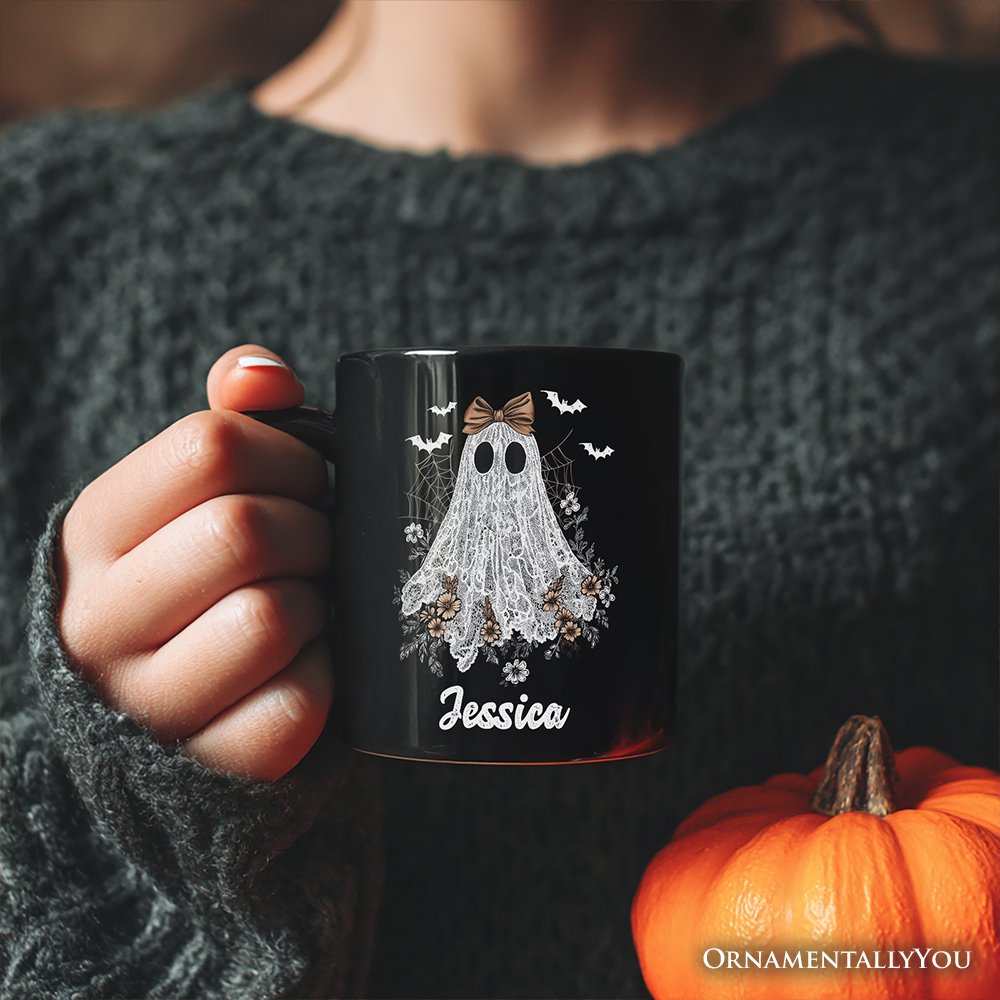 Cute Lace Ghost Coquette Pesonalized Mug, Floral Vintage Halloween Gift with Custom Name