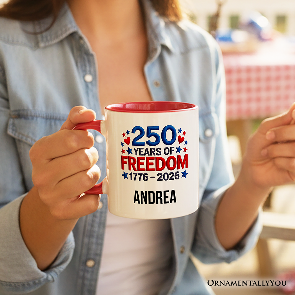 250 Years Freedom Faux Varsity Patch Personalized Mug, 4th of July USA Patriotic 1776–2026 Gift with Custom Name