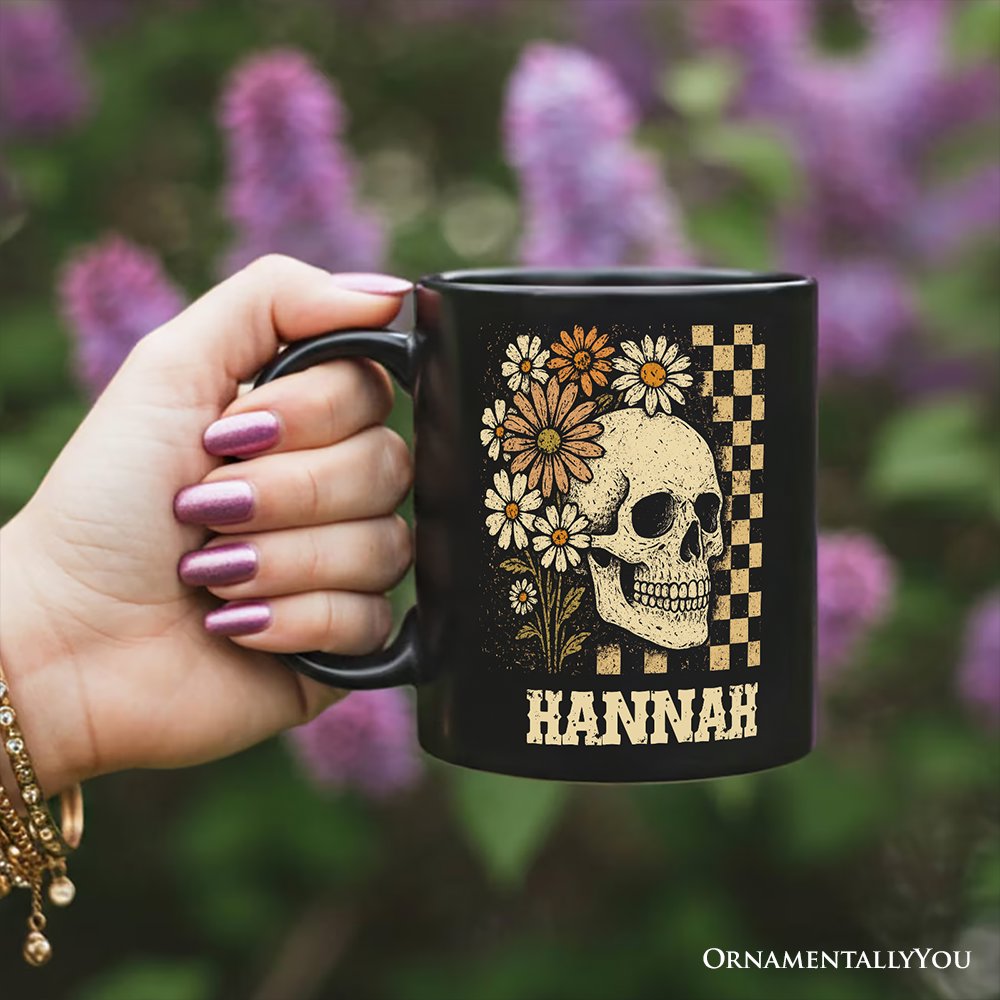Checkered Floral Skeleton Personalized Mug, Vintage Skull Daisy Halloween Gift with Custom Name