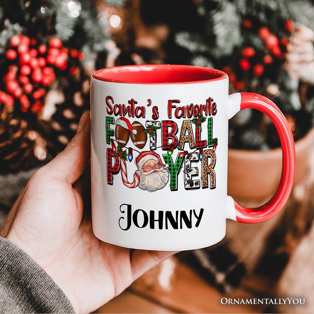 Santa’s Favorite Football Player Personalized Mug, Plaid Christmas Athelete Gift with Custom Name
