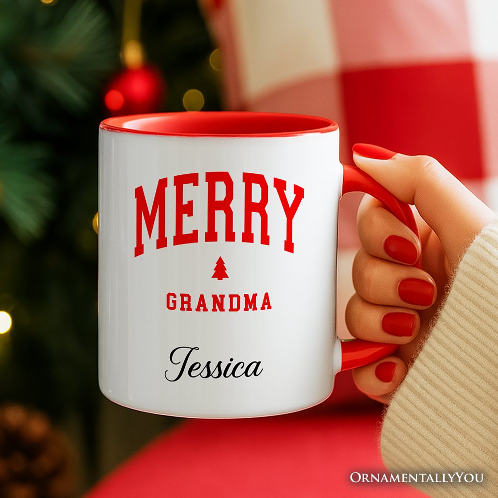 Merry Grandma Retro Christmas Personalized Mug, Matching Family Holiday Gift with Custom Name