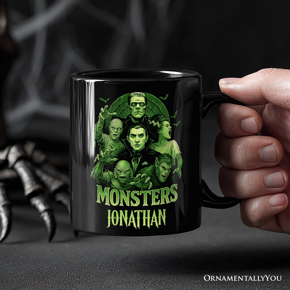 Green Retro Monsters Personalized Mug, Vintage Classic Horror Halloween Gift with Custom Name