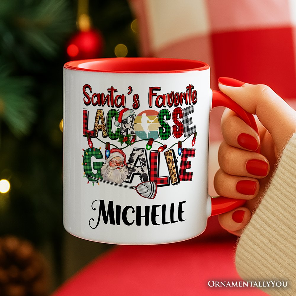 Santa’s Favorite Lacrosse Goalie Personalized Mug, Plaid Christmas Athelete Gift with Custom Name