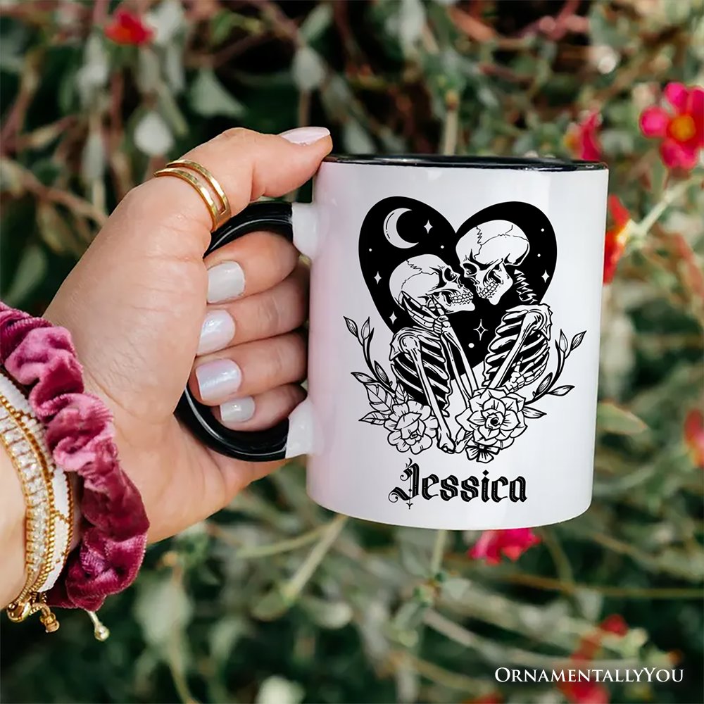 The Lovers Skeletons Personalized Mug, Spooky Gothic Romantic Valentine Gift with Custom Name