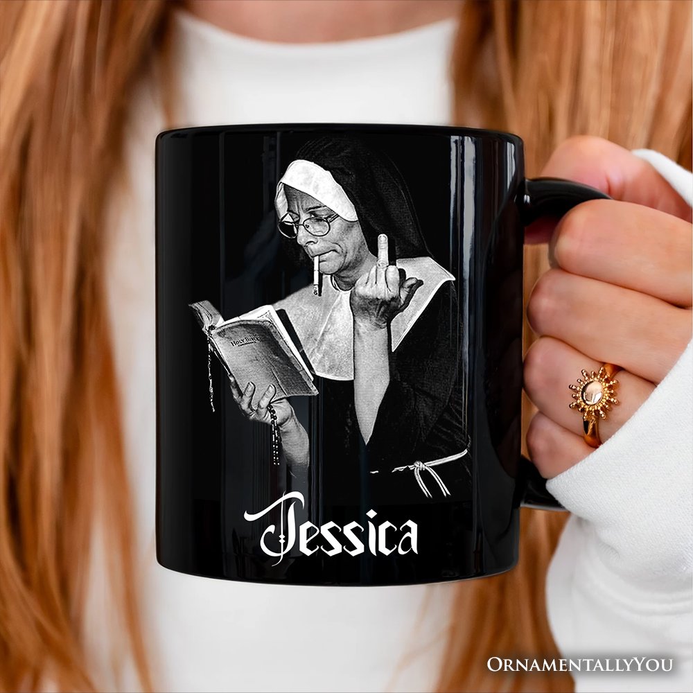Eccentric Gothic Smoking Nun Personalized Mug, Unique Halloween Gift with Custom Name