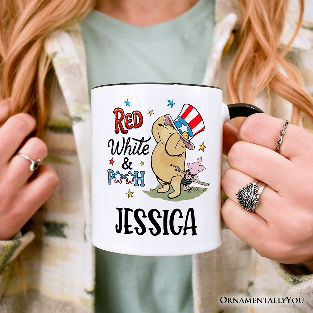 Patriotic Red White & Proud Winnie-the-Pooh Personalized Mug, 1926 A.A. Milne 4th of July Gift with Custom Name