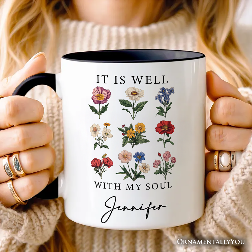 It Is Well With My Soul Christian Floral Personalized Mug, Vintage Bible Verse Gift with Custom Name